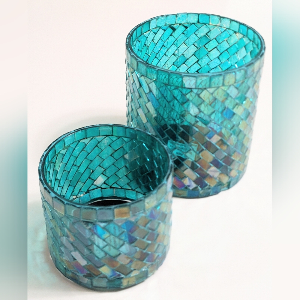Sonoma Mosaic Glass Candle Holders - Turquoise - Picture 2 of 9